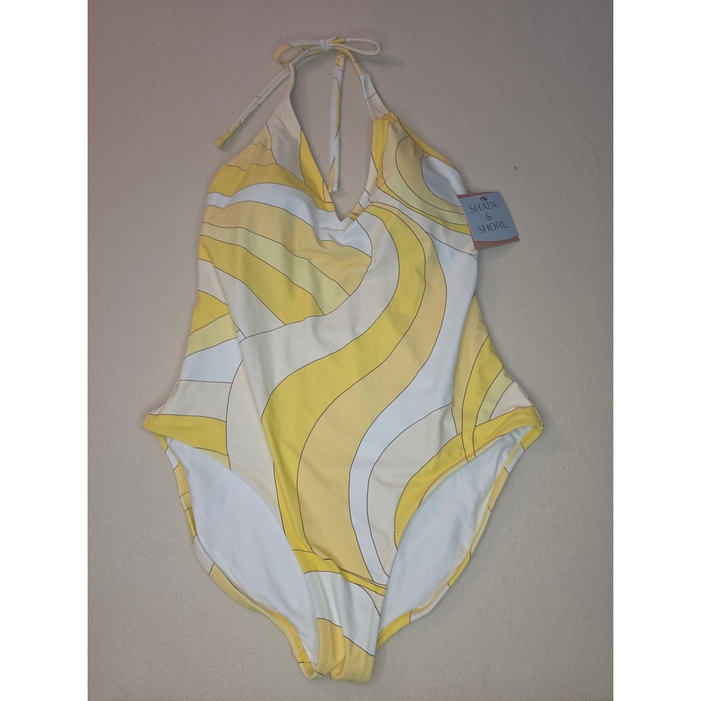 Shade & Shore Geo Print Plunge One Piece Swimsuit Yellow/White XS NWT